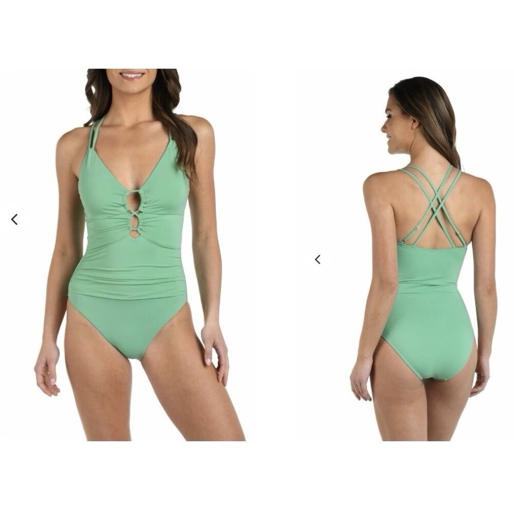 LA BLANCA Island Goddess Underwire Lace Up Green One Piece Swimsuit 10 NEW $129